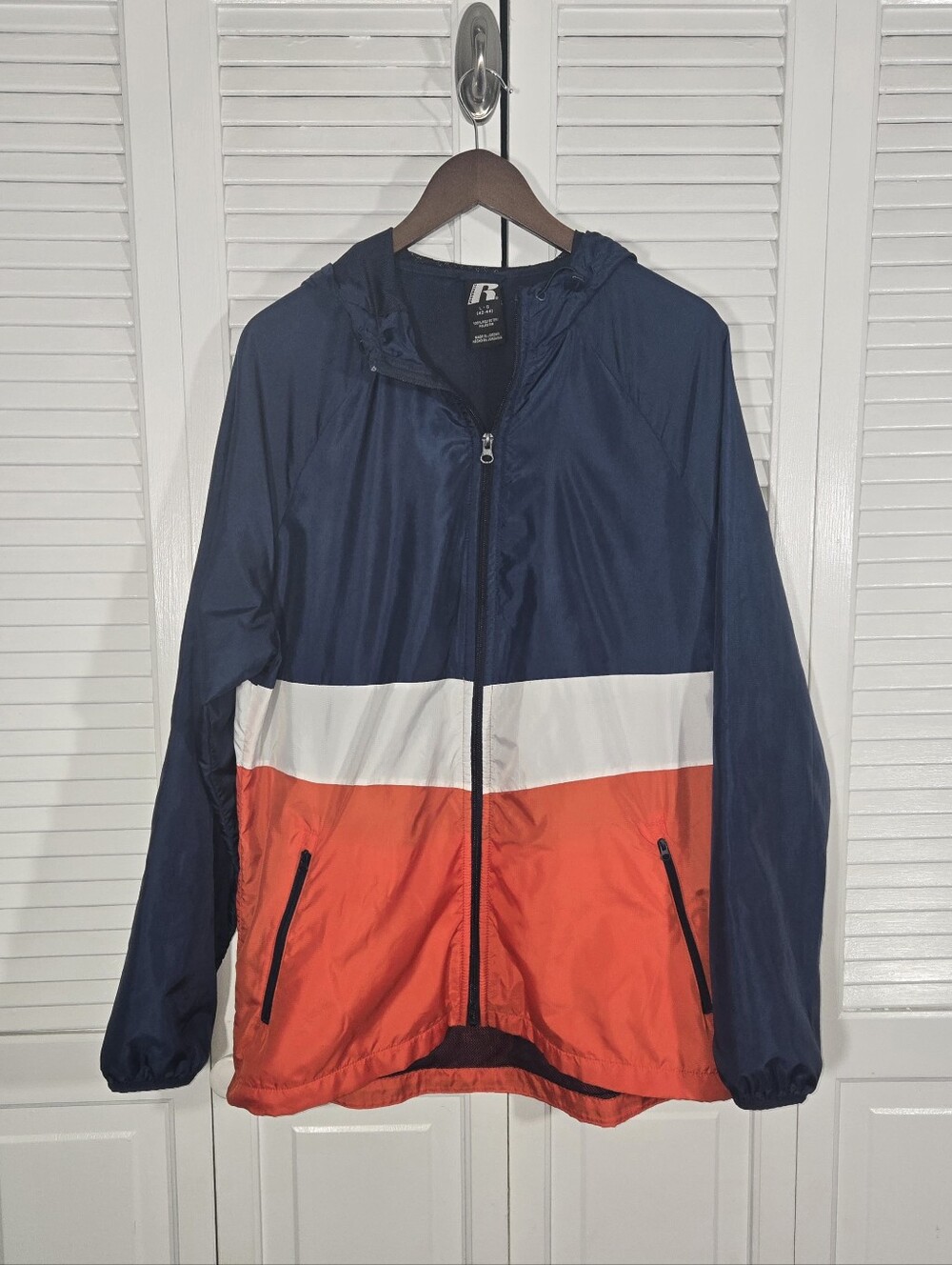 Russell Colorblock Hooded Full Zip Blue White Orange Mesh Line Windbreaker Sz L